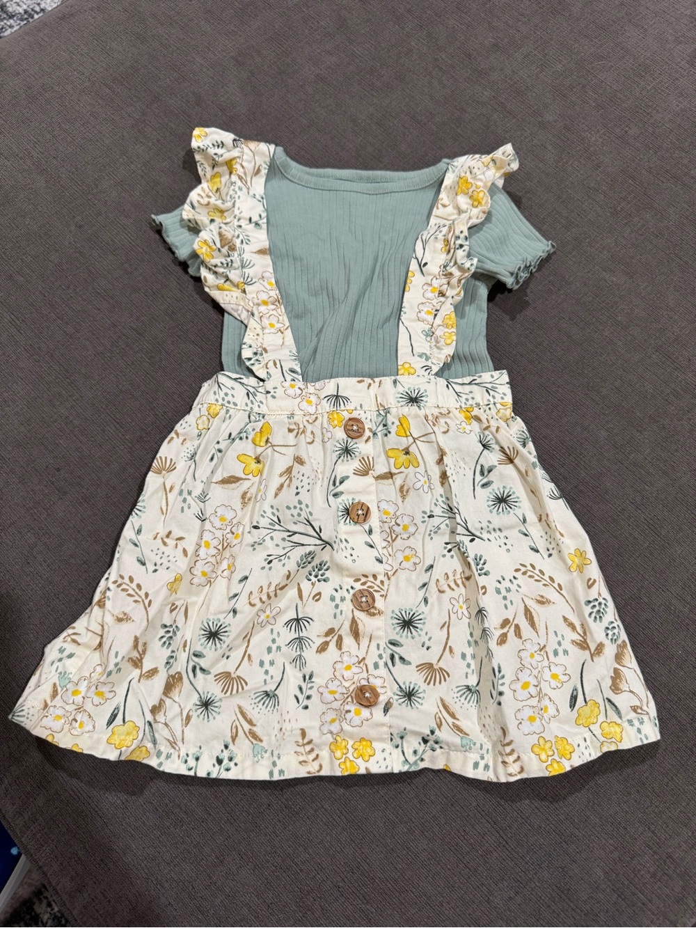 wonder nation Sage Green Ribbed Top Floral Suspender Dress with Yellow Accents